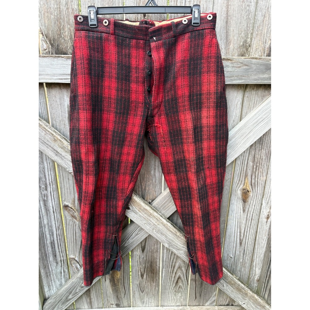 Vintage Emergency Garment Wool Hunting Breeches Buffalo Plaid Red Black 36x25.5